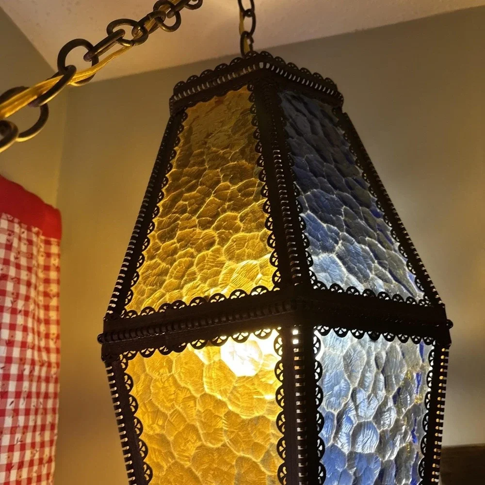 Vtg Mid Century 2 Color Blue Gold Brass Swag Lamp Pendant MCM Hollywood Regency